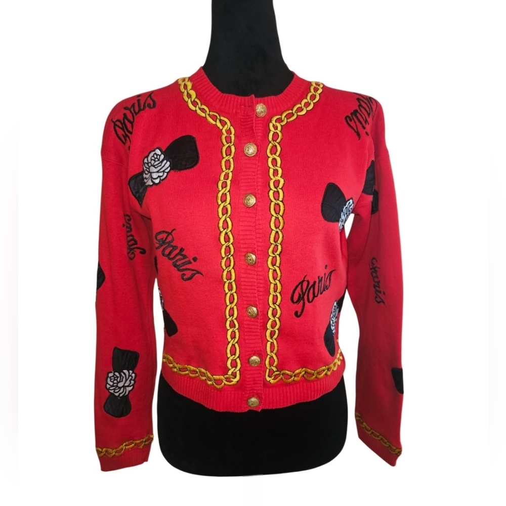 Vintage 90s Adrienne Vittadini/Neiman Marcus  Red "Paris" Button Down Cardigan M